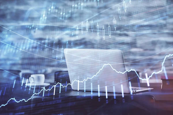 Aandelenmarkt grafiek en tabel met computer achtergrond. Dubbele belichting. Begrip financiële analyse. — Stockfoto