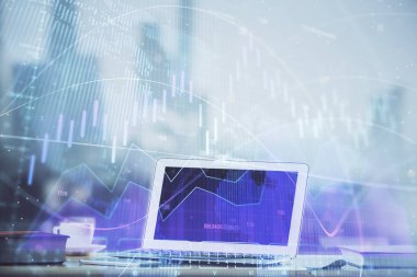 Bilgisayar geçmişi olan eski grafik hologramı. Çoklu maruz kalma. Finans piyasası kavramı.