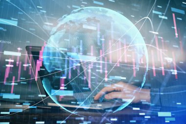 Forex grafik arka plan ile borsa notları yazma mans elçift pozlama. Araştırma ve ticaret kavramı.