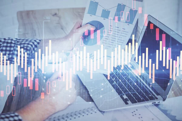 Double exposure of mans hands writing notes of stock market with forex graph background. Concept of research and trading. — Stock Photo, Image