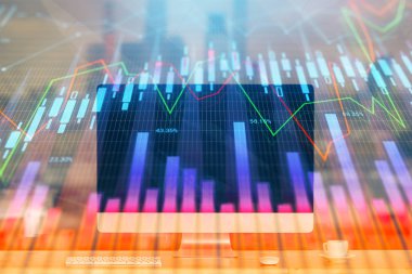 Eski pazar grafiği hologramı ve kişisel bilgisayar geçmişi. Çifte maruziyet. Yatırım kavramı.