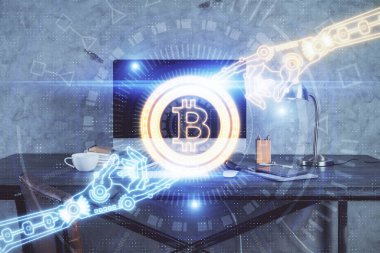 Engelleme zinciri ve kripto ekonomi temalı hologram ve bilgisayar geçmişi olan bir masa. Bitcoin kripto para kavramı.