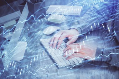 Adam ile mali grafik çift pozlama arka planda ofiste çalışır. Analiz kavramı.