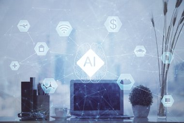 Arka planda bilgisayar ve veri temalı hologram tablosu çift pozlama. Veri teknolojisi kavramı.