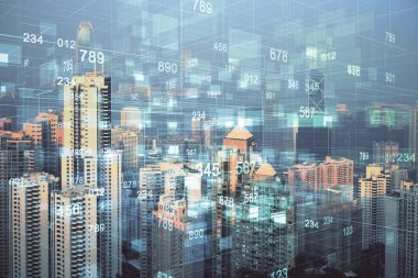 Veri temalı hologram gökdelenlerin arka planında çift pozlama ile şehir görünümüne çizim yapıyor. Teknoloji konsepti.