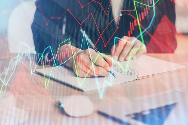 Gráfico de Forex a mano tomando notas de fondo. Concepto de investigación. Exposición múltiple — Foto de Stock