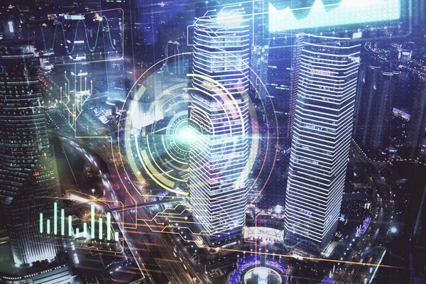 Dados tema holograma desenho na vista da cidade com arranha-céus de fundo multi exposição. Conceito Ai. — Fotografia de Stock