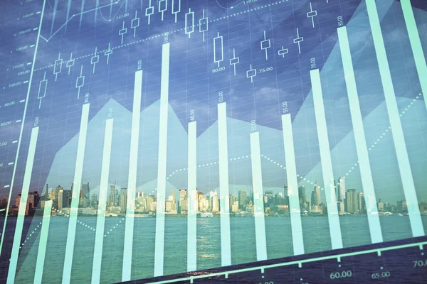 Forex chart on cityscape with skyscrapers wallpaper double exposure. Financial research concept. — Stock Photo, Image