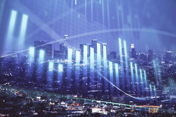 Financial graph on night city scape with tall buildings background double exposure. Analysis concept.