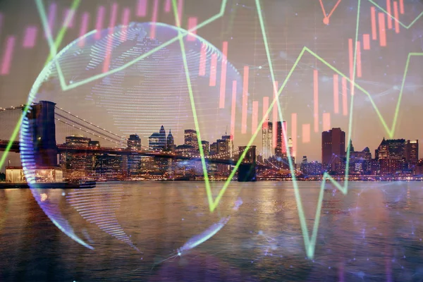 Финансовый график ночного городского пейзажа с высоким фоном зданий мульти экспозиции. Концепция анализа . — стоковое фото
