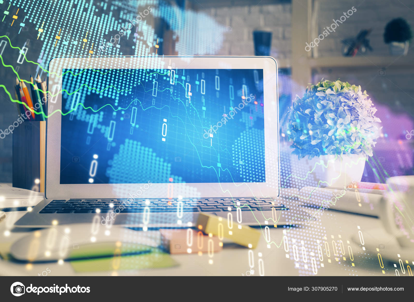 Financial chart drawing and table with computer on background. Multi ...