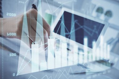 Finansal Forex grafiği el notları arka plan alarak çizilmiş. Araştırma kavramı. Çoklu pozlama