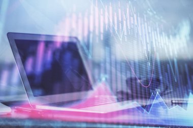 Bilgisayar geçmişi olan eski grafik hologramı. Çifte maruziyet. Finans piyasası kavramı.