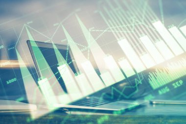 Eski pazar grafiği hologramı ve kişisel bilgisayar geçmişi. Çifte maruziyet. Yatırım kavramı.