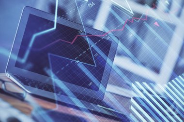 Arka planda eski pazar grafik hologramı ve kişisel bilgisayar var. Çoklu maruz kalma. Yatırım kavramı.