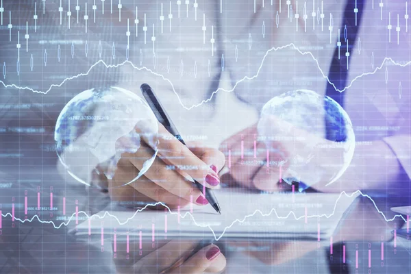 Double exposure of hands making notes with forex chart huds. Stock market concept. — Stock Photo, Image