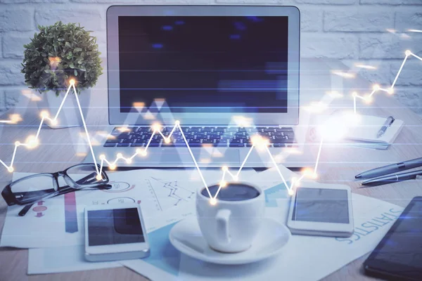 Stock market graph on background with desk and personal computer. Double exposure. Concept of financial analysis. — Stock Photo, Image