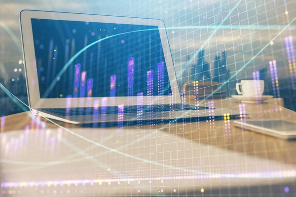 Forex marknaden diagram hologram och persondator bakgrund. Dubbel exponering. Begreppet investering. — Stockfoto