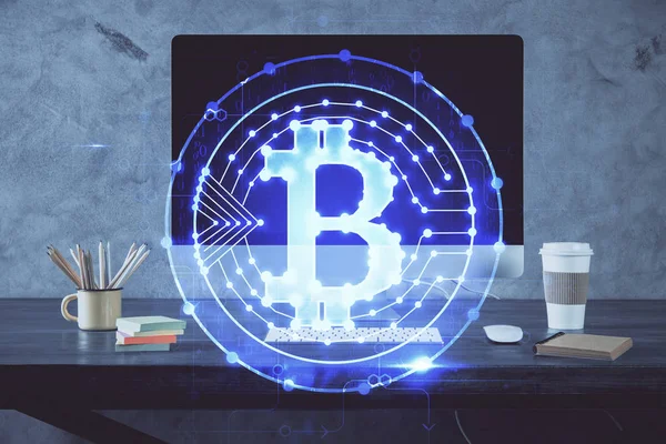 Multi exposure of blockchain theme hologram and table with computer background. Concept of bitcoin crypto currency. — Stock Photo, Image