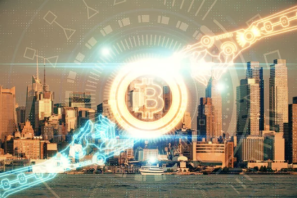 Doppelbelichtung der Kryptowährung Thema Hologrammzeichnung und Stadt veiw Hintergrund. Konzept von Blockchain und Bitcoin. — Stockfoto