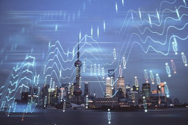 Yüksek binaların arka planında çoklu pozlama olan eski şehir haritası. Finansal araştırma kavramı.