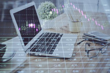 Eski pazar grafiği hologramı ve kişisel bilgisayar geçmişi. Çoklu maruz kalma. Yatırım kavramı.