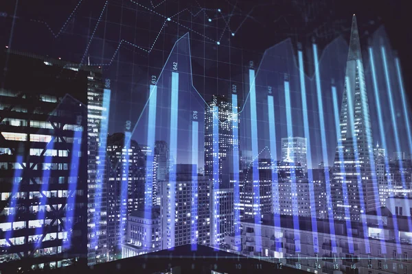 Financiële grafiek op Night City Scape met hoge gebouwen achtergrond multi exposure. Analyse concept. — Stockfoto