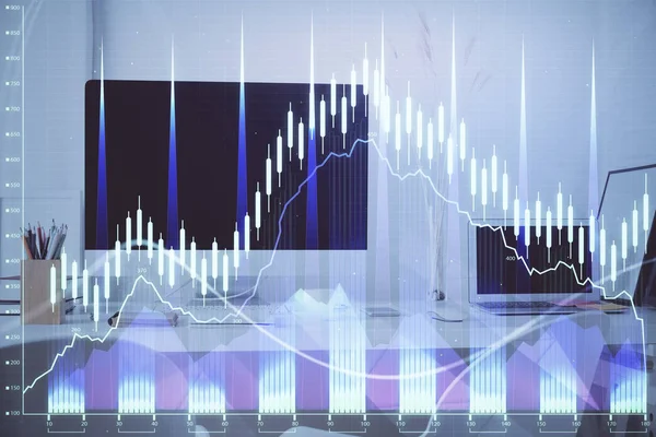 Gráfico de mercado de ações e tabela com fundo de computador. Dupla exposição. Conceito de análise financeira. — Fotografia de Stock