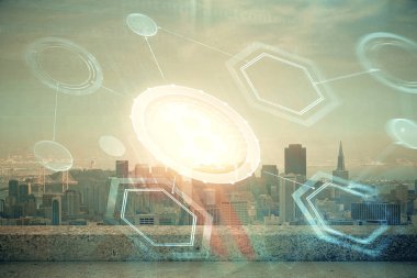 Kripto para birimi temalı hologram çizimi ve şehrin veiw arka planına çift pozlama. Engelleme zinciri ve bitcoin kavramı.