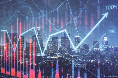 Yüksek binaların arka planında çoklu pozlama olan eski şehir haritası. Finansal araştırma kavramı.