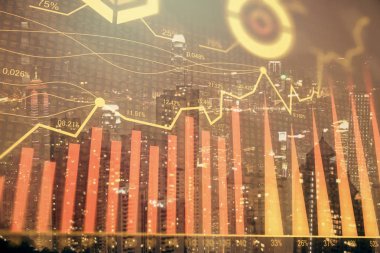 Cityscape arka plan üzerinde forex grafik çizimleri çift pozlama. Başarı kavramı.