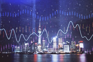 Yüksek binalar arka plan çok pozlama ile gece şehir scape mali grafik. Analiz kavramı.