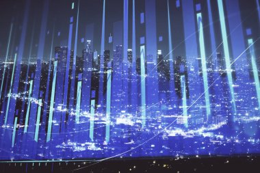 Yüksek binalar arka plan çok pozlama ile gece şehir scape mali grafik. Analiz kavramı.