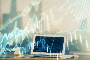 Bilgisayar geçmişi olan eski grafik hologramı. Çoklu maruz kalma. Finans piyasası kavramı.