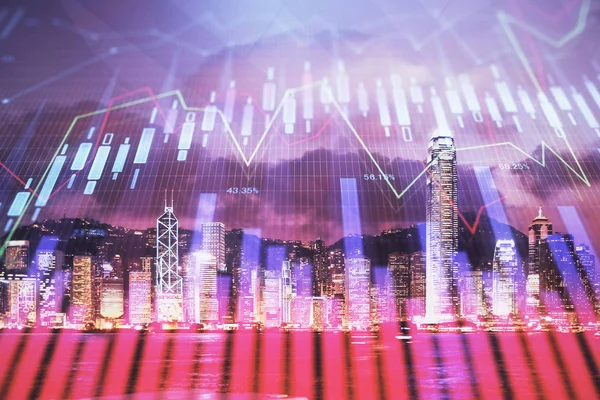 Double exposure of forex chart drawings over cityscape background. Concept of success. — Stock Photo, Image