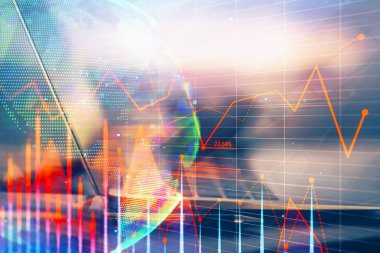 Arka planda eski pazar grafik hologramı ve kişisel bilgisayar var. Çifte maruziyet. Yatırım kavramı.