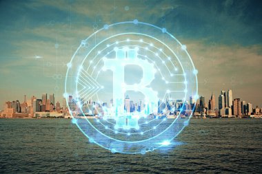Kripto para birimi temalı hologram çizimi ve şehrin veiw arka planına çift pozlama. Engelleme zinciri ve bitcoin kavramı.