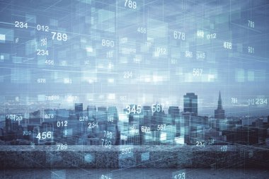 Veri temalı hologram gökdelenlerin arka planında çift pozlama ile şehir görünümüne çizim yapıyor. Teknoloji konsepti.