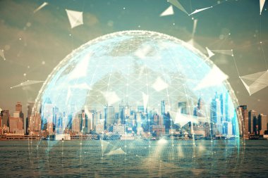 İş temalı hologram çizimine ve şehrin arka planına çifte maruz kalma. Başarı kavramı.