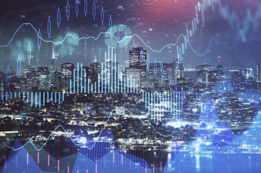 Yüksek binalar arka plan çift pozlama ile gece şehir scape mali grafik. Analiz kavramı.