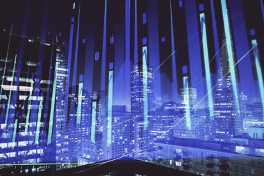 Yüksek binalar arka plan çok pozlama ile gece şehir scape mali grafik. Analiz kavramı.