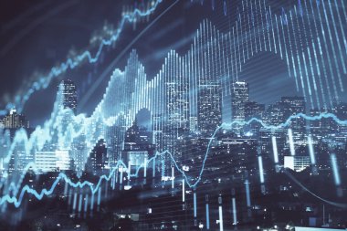 Yüksek binalar arka plan çok pozlama ile gece şehir scape mali grafik. Analiz kavramı.