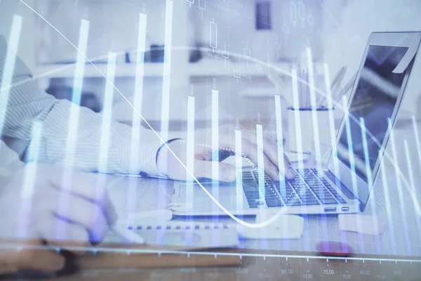 Multi exposure of stock market chart with man working on computer on background. Concept of financial analysis. — Stock Photo, Image