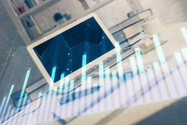 Stock market graph and table with computer background. Double exposure. Concept of financial analysis. — Stock Photo, Image