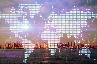 İş temalı hologram çizimine ve şehrin arka planına çifte maruz kalma. Başarı kavramı.