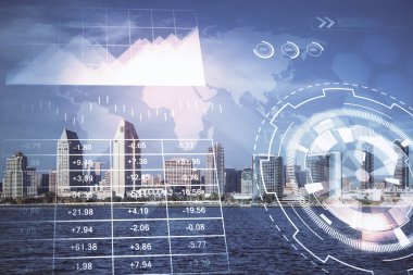 Gökdelenler, duvar kağıtları ve çoklu pozlama ile şehir manzarasının eski çizelgesi. Finansal araştırma kavramı.