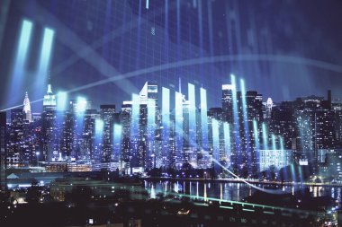 Cityscape arka plan üzerinde forex grafik çizimleri çift pozlama. Başarı kavramı.