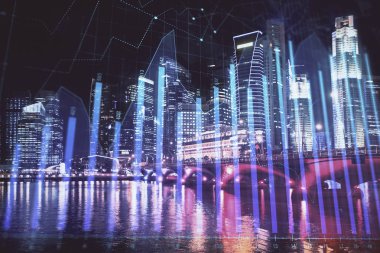 Yüksek binalar arka plan çok pozlama ile şehir scape mali grafik. Analiz kavramı.