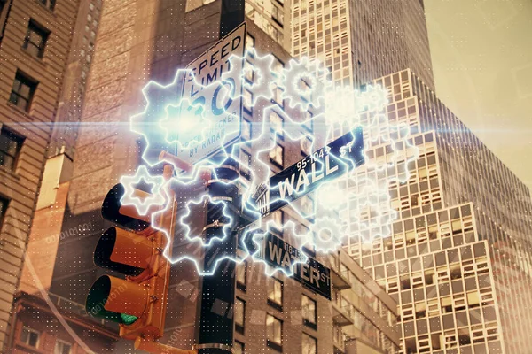 Dubbele blootstelling van het bedrijfsleven thema hologram tekening en stad sluier achtergrond. Concept van succes. — Stockfoto