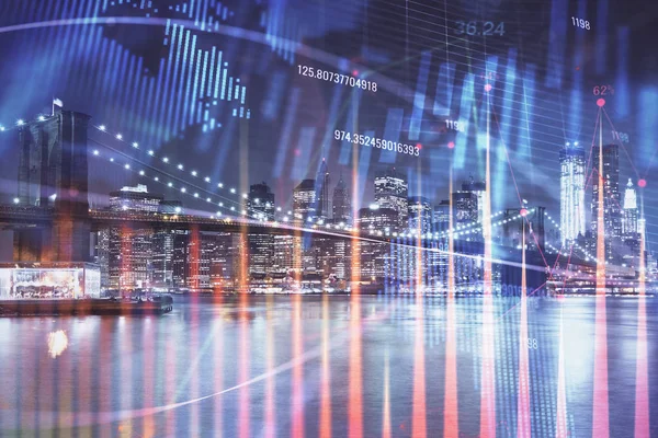 Financial graph on night city scape with tall buildings background multi exposure. Analysis concept.